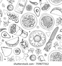 Mexican food seamless pattern. Menu design. Hand drawn vector illustration. Engraved style image. Classic mexican dishes.