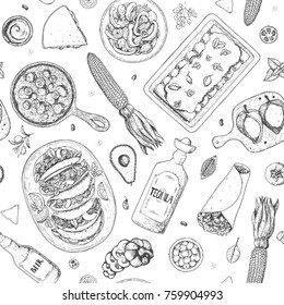 Mexican food seamless pattern. Menu design. Hand drawn vector illustration. Engraved style image. Classic mexican dishes.