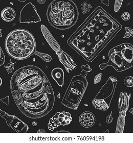 Mexican food seamless pattern. Menu design. Hand drawn vector illustration. Engraved style image. Classic mexican dishes.