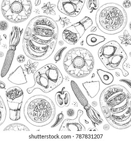 Mexican food seamless pattern. Menu design. Hand drawn vector illustration. Engraved style image. Different mexican dishes. Linear graphic.