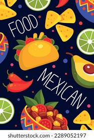 Diseño de afiches promocionales sin fisuras de la comida mexicana, ilustración vectorial isométrica. Restaurante tradicional de café México menú anunciando chile taco nachos aguacate lime cocina deliciosa gourmet