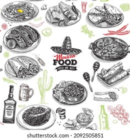 Mexican food seamless pattern. Sketchy hand-drawn vector illustration.