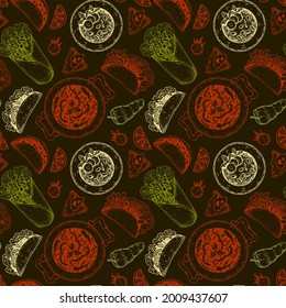 Mexican food seamless pattern with taco, burrito, nacho chips, fajitas. Vector illustration in sketch style