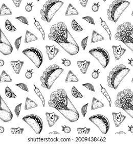 Mexican food seamless pattern with taco, nacho chips and burrito. Vector illustration in sketch style