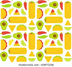 Mexican food seamless pattern. Tacos, burritos, nachos and traditional food ingredients. Flat geometric cartoon style.