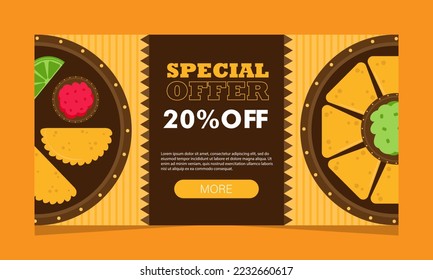 Mexican food service offer, web page. Landing banner with promo, vector illustration. Discount coupon.