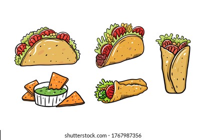 Mexican food set. Burrito, taco and nachos. Cartoon vector illustration. Isolated on white background. Design for poster, banner, menu, cafe and web.