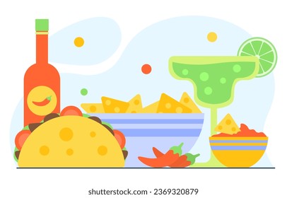 Mexican food set. Burrito and tacos near bottle of tequila. Red chillie peppers with glass of alcoholic drink and beverage. Cartoon flat vector collection isolated on white background