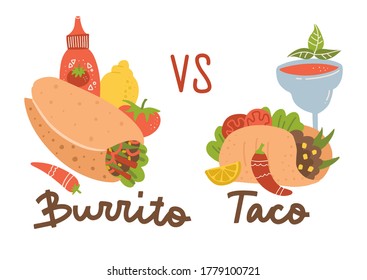 Mexican food set. Burrito vs taco. Colored collection with burrito, taco, chilli, margarita cocktail and sauce. Vector illustration in flat style, cartoon style .