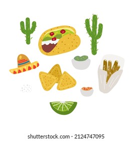 Mexican food set. Cartoon tacos, nachos, tacos, churros, lime. Cute hand drawn vector illustration. Restaurant touristic design element