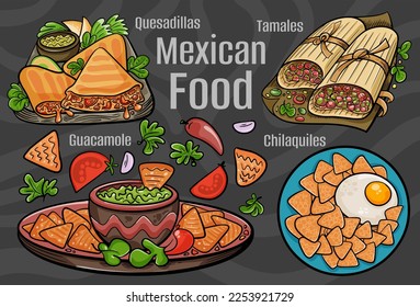 Mexican food. A set of classic dishes. Cartoon hand drawn illustration.