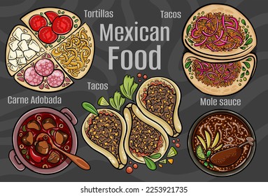 Mexican food. A set of classic dishes. Cartoon hand drawn illustration.