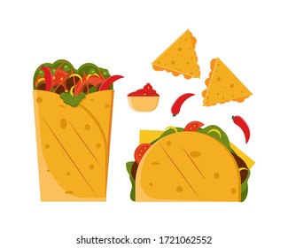 Mexican food set. Colored set with burrito, nachos, taco, chilli and sauce. Vector illustration in flat style, cartoon style