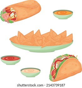 Mexican food. A set of Mexican dishes, such as tacos, burritos, nachos and sauces, cheese, tomato and cream. Vector illustration