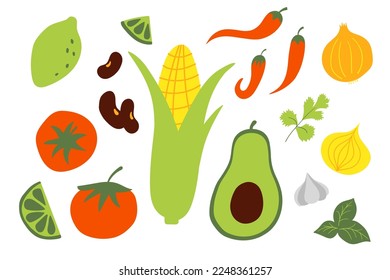 Mexican Food set in flat vector cartoon style. Traditional ingredients like tomato, avocado and chili pepper, corn, lime