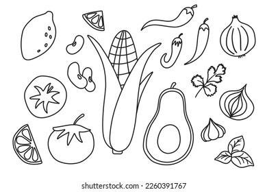 Mexican Food set in flat vector cartoon style. Traditional ingredients like tomato, avocado and chili pepper, corn, lime