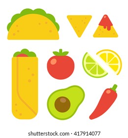 Mexican food set in flat vector cartoon style. Taco and burrito, nachos with salsa, traditional ingredients like tomato, avocado and chili pepper.