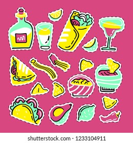 Mexican food set. Hand drawn style vector stickers collection