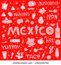 Mexican food. Set of hand drawn elements. Rectangular cafe concept