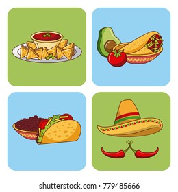 mexican food set icons menu ingredients spicy
