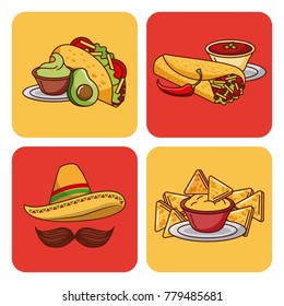 mexican food set icons menu ingredients spicy