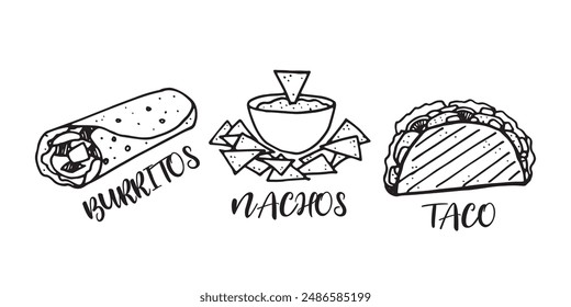 Ilustración de menú de comida mexicana en blanco aislado