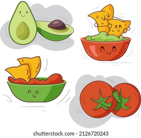 Mexican food set. Nachos with sauce. Avocado. Tomatoes. Vector illustration. Decorative cartoon style.