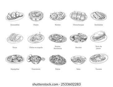 Comida mexicana definida em pratos, estilo de esboço desenhado à mão