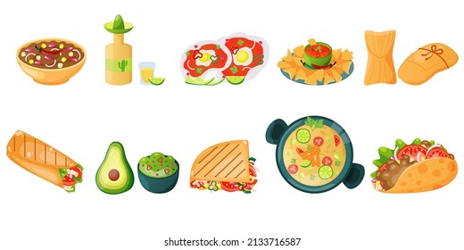 Mexican food set on white background. National food illustration in cartoon style.
