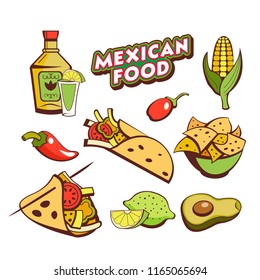 Mexican food. A set of popular Mexican fast food dishes. Vector illustration in cartoon style.