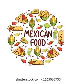 Mexican food. A set of popular Mexican fast food dishes. Vector illustration in cartoon style.