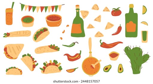 Mexican food set. Sauce salsa, guacamole. Burrito, taco, nacho. Traditional culture cuisine. Vector flat hand drawn illustration isolated on white background.