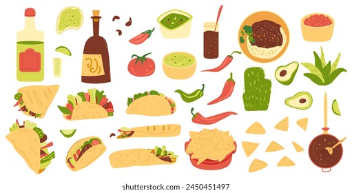 Mexican food set. Sauce salsa, guacamole. Burrito, taco, nacho. Traditional culture cuisine. Vector flat hand drawn illustration isolated on white background.