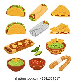 Mexican Food Set Taco Burrito Isolated Vector Art.