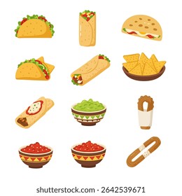 Mexican food set Taco with burrito, and nachos.