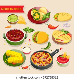 Mexican food set with traditional mexico cuisine dishes isolated vector illustraion