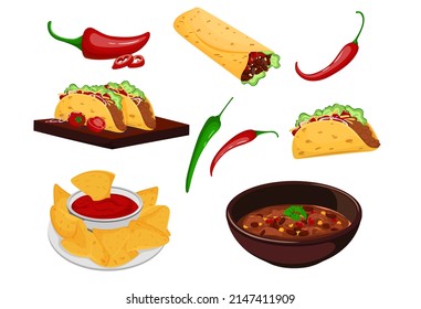 Mexican food set. Traditional tacos, burrito, nachos, chili con carne isolated on white background. Mexican cuisine, fast food. Hot chili pepper. Cartoon style. vector illustration