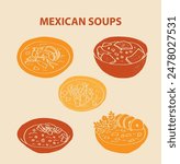 Mexican food set vector illustration. Engraved soups menudo, pozole, barrio, caldo, tlalpen, bundle of traditional dishes, homemade and restaurant dinner dishes and sauces cooking in cuisine of Mexico