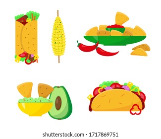 Mexican food set vector illustration. Burrito, tacos, nachos, guacamole and corn icons on white background.
