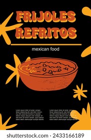 Mexican food set vector illustration. Engraved frijoles, bean, refritos, bundle of traditional dishes, homemade and restaurant dinner dishes and sauces cooking in cuisine of Mexico