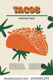 Ilustración vectorial de conjunto de alimentos mexicanos. Tacos grabados, paquete de platos tradicionales, platos caseros y de restaurante de la cena y salsas de cocina en la cocina de México