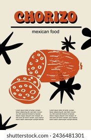 Ilustración vectorial de conjunto de alimentos mexicanos. Chorizo grabado, paquete de platos tradicionales, platos caseros y de la cena del restaurante y salsas para cocinar en la cocina de México