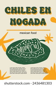 Mexican food set vector illustration. Engraved chiles en nogada, bundle of traditional dishes, homemade and restaurant dinner dishes and sauces cooking in cuisine of Mexico