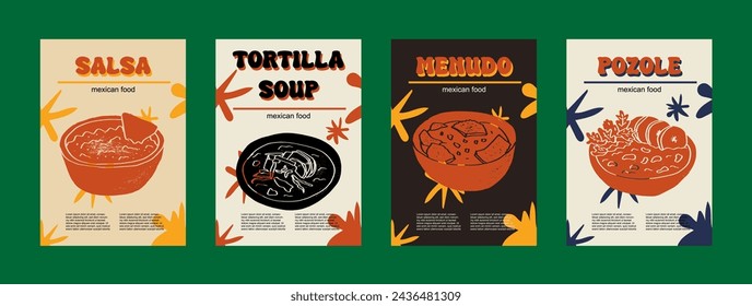 Mexican food set vector illustration. Engraved salsa, tortilla soup, menudo, pozole, bundle of traditional dishes, homemade and restaurant dinner dishes and sauces cooking in cuisine of Mexico