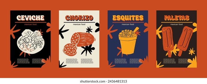 Mexican food set vector illustration. Engraved ceviche, chorizo, esquites, paletas, bundle of traditional dishes, homemade and restaurant dinner dishes and sauces cooking in cuisine of Mexico