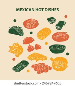 Ilustración vectorial de comida mexicana. Platos calientes grabados Paquete de platos tradicionales, platos caseros y de la cena del restaurante y salsas de cocina en la cocina de México