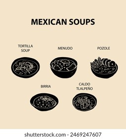 Mexican food set vector illustration. Engraved soups, bundle of traditional dishes, homemade and restaurant dinner dishes and sauces cooking in cuisine of Mexico