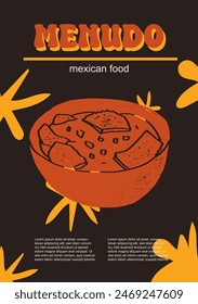 Mexican food set vector illustration. Engraved menudo, bundle of traditional dishes, homemade and restaurant dinner dishes and sauces cooking in cuisine of Mexico