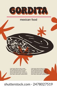 Ilustración vectorial de comida mexicana. Paquete gordita grabado de platos tradicionales, platos caseros y de la cena del restaurante y salsas para cocinar en la cocina de México