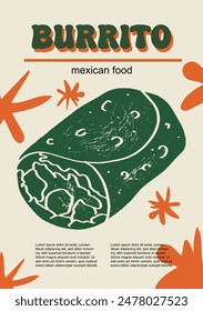 Ilustración vectorial de comida mexicana. Burrito grabado, Paquete de platos tradicionales, platos caseros y de la cena del restaurante y salsas para cocinar en la cocina de México